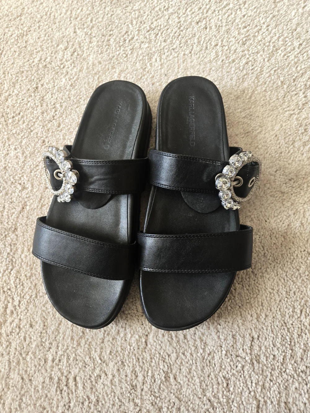 Karl Lagerfeld Black Leather Slide Sandals with Crystal Buckles